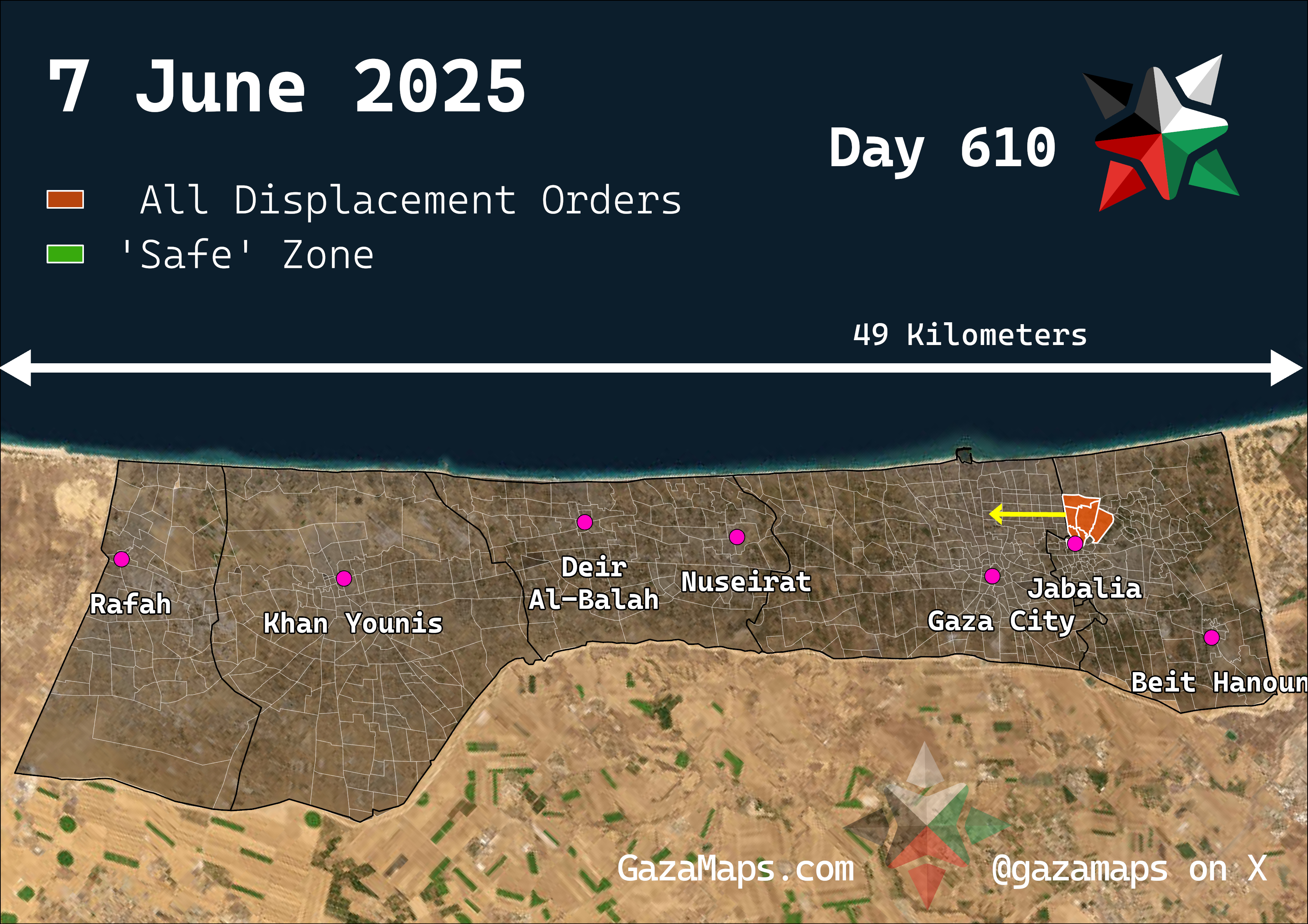 GazaMaps original map, based on IDF displacement order from 7 Jun 2025