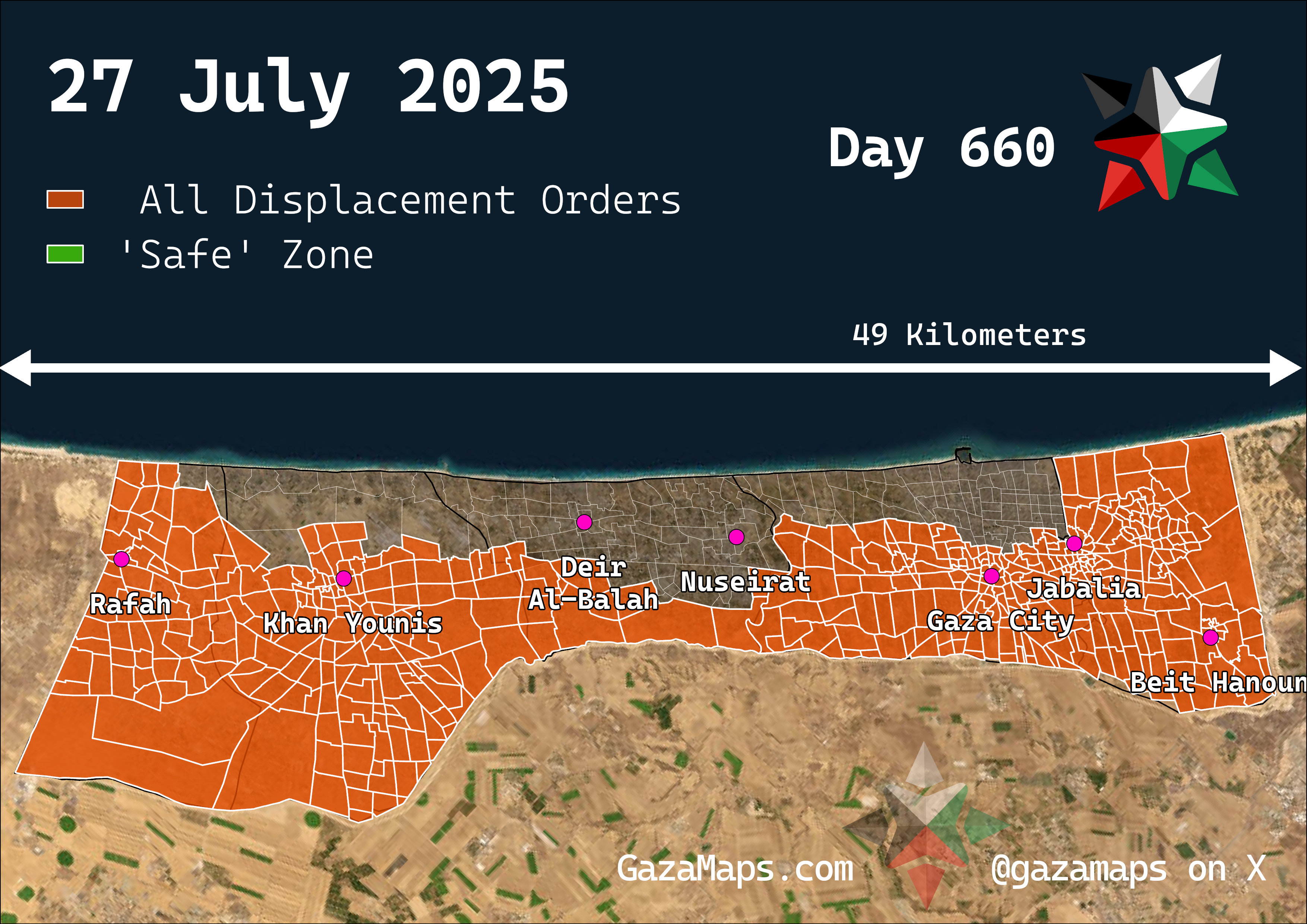 GazaMaps original map, based on IDF displacement order from 27 Jul 2025