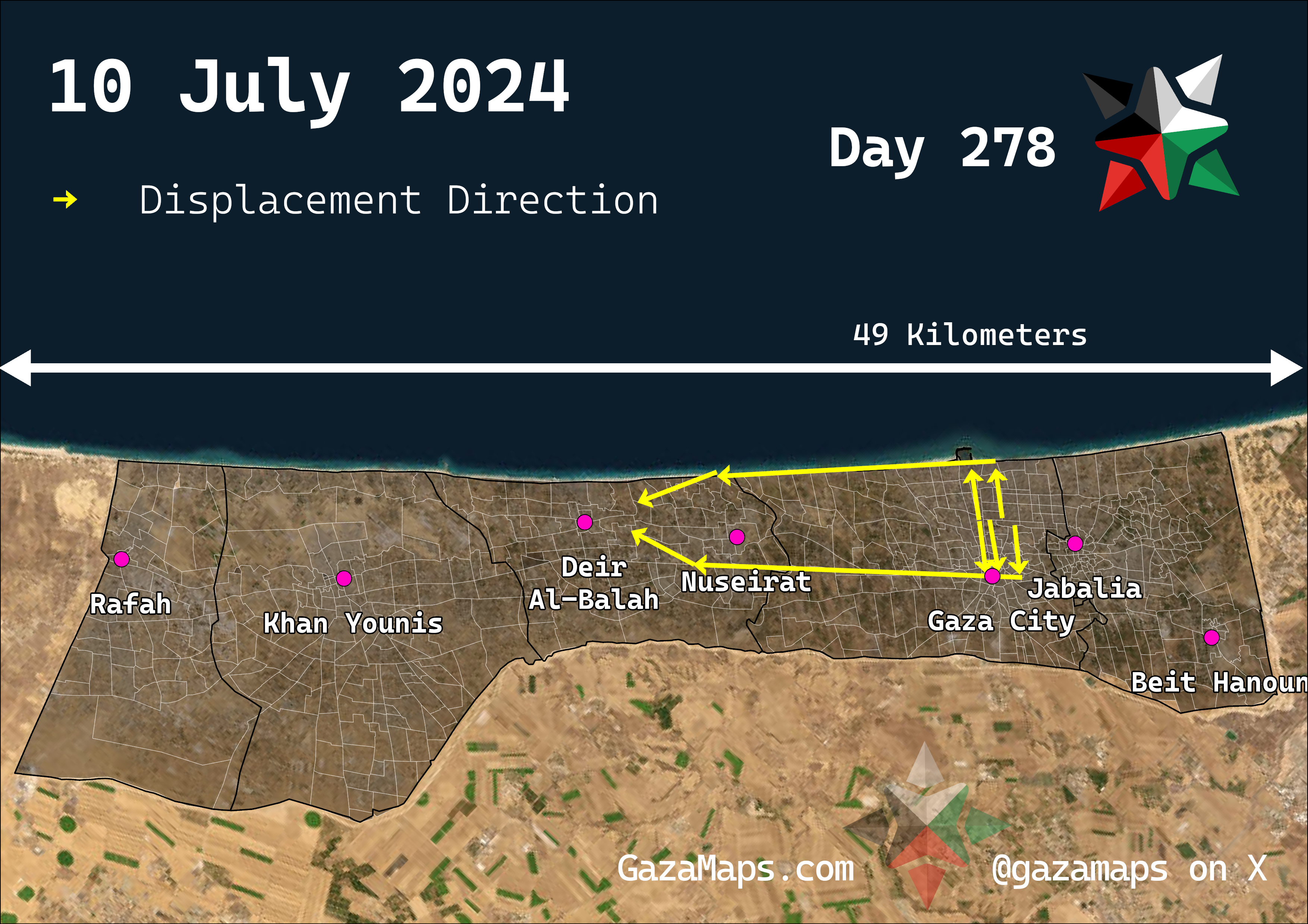 GazaMaps original map, based on IDF displacement order from 10 Jul 2024