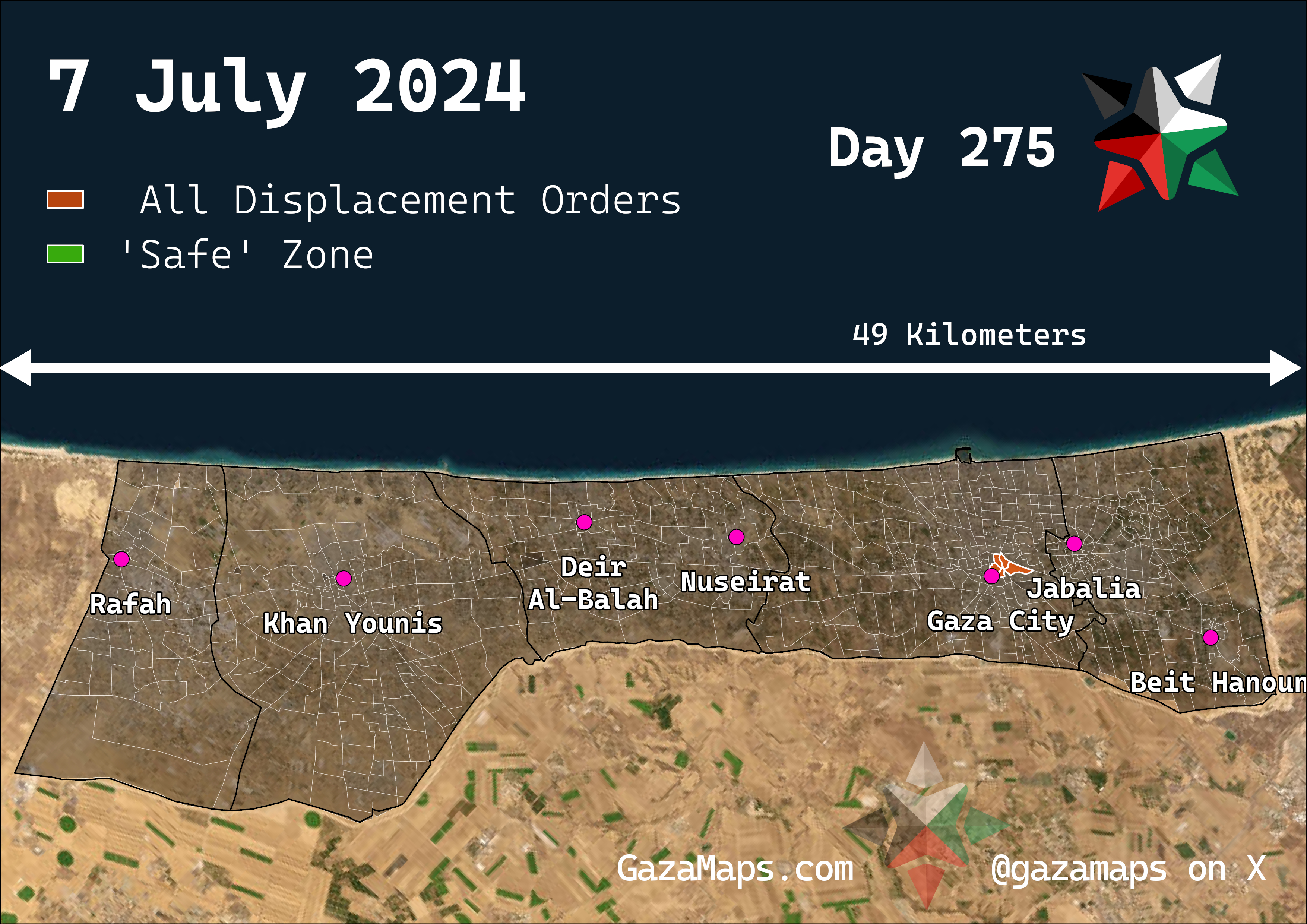 GazaMaps original map, based on IDF displacement order from 7 Jul 2024