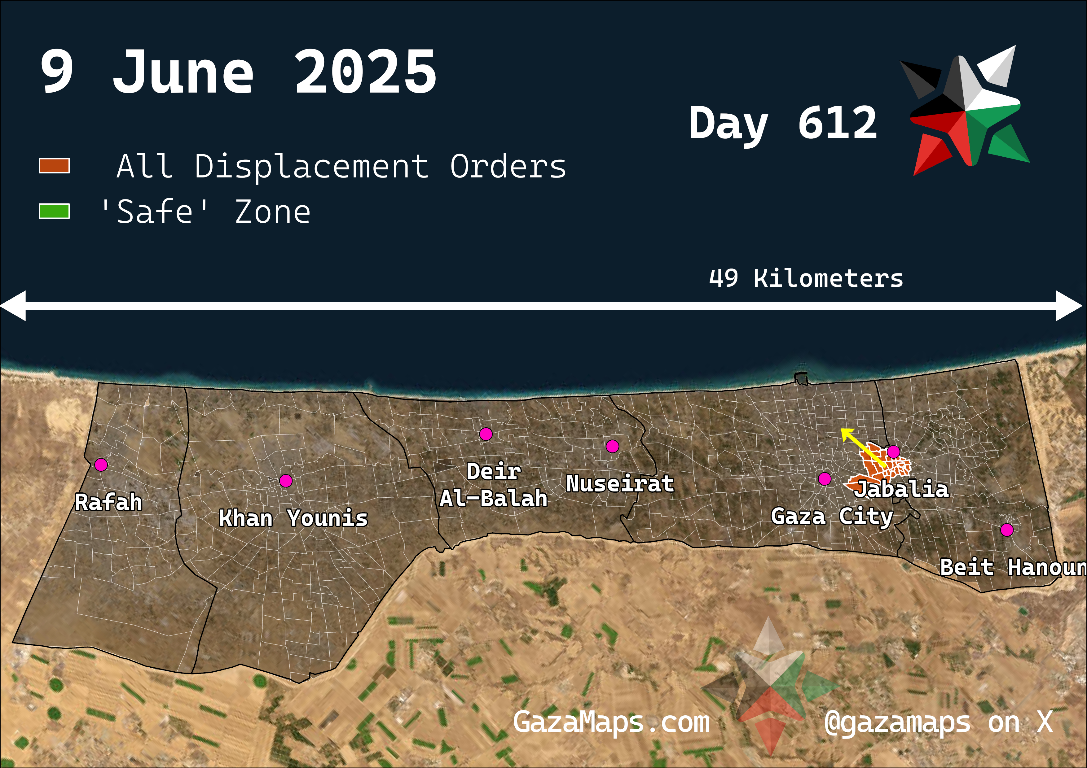 GazaMaps original map, based on IDF displacement order from 9 Jun 2025