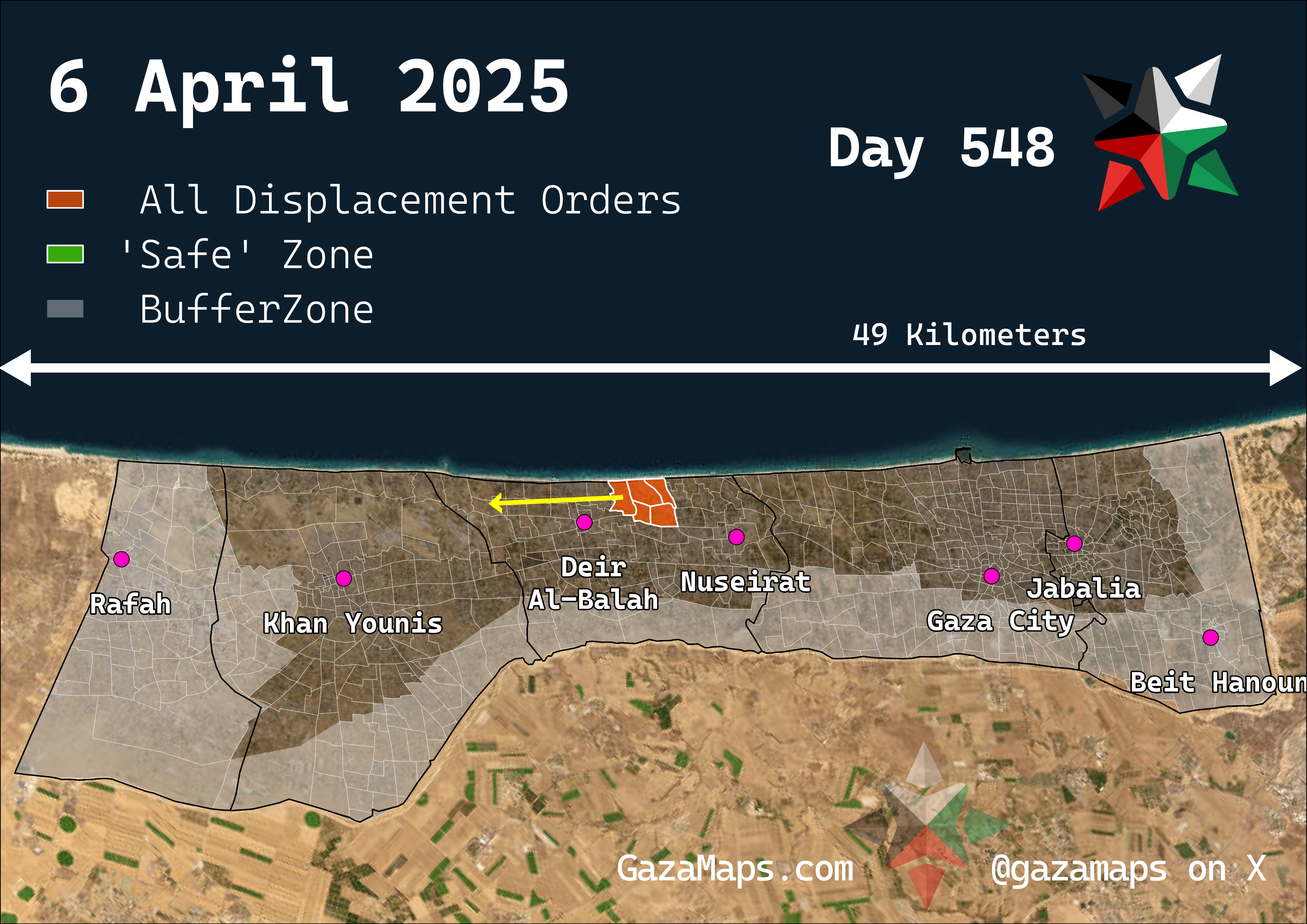 GazaMaps original map, based on IDF displacement order from 6 Apr 2025