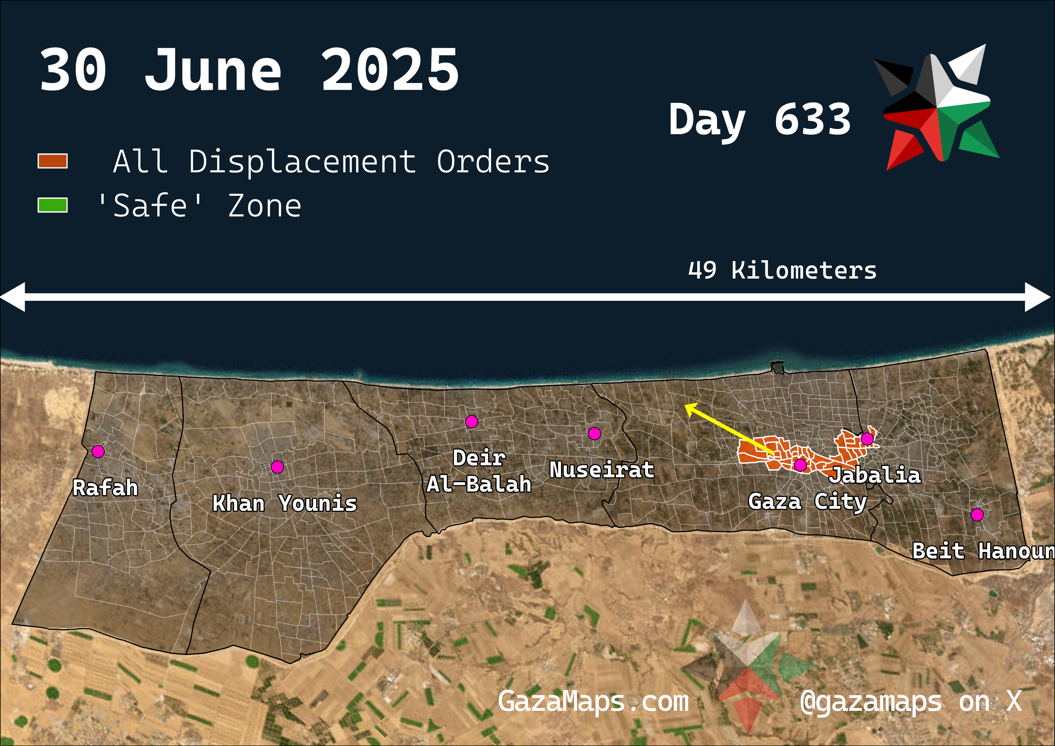 GazaMaps original map, based on IDF displacement order from 30 Jun 2025