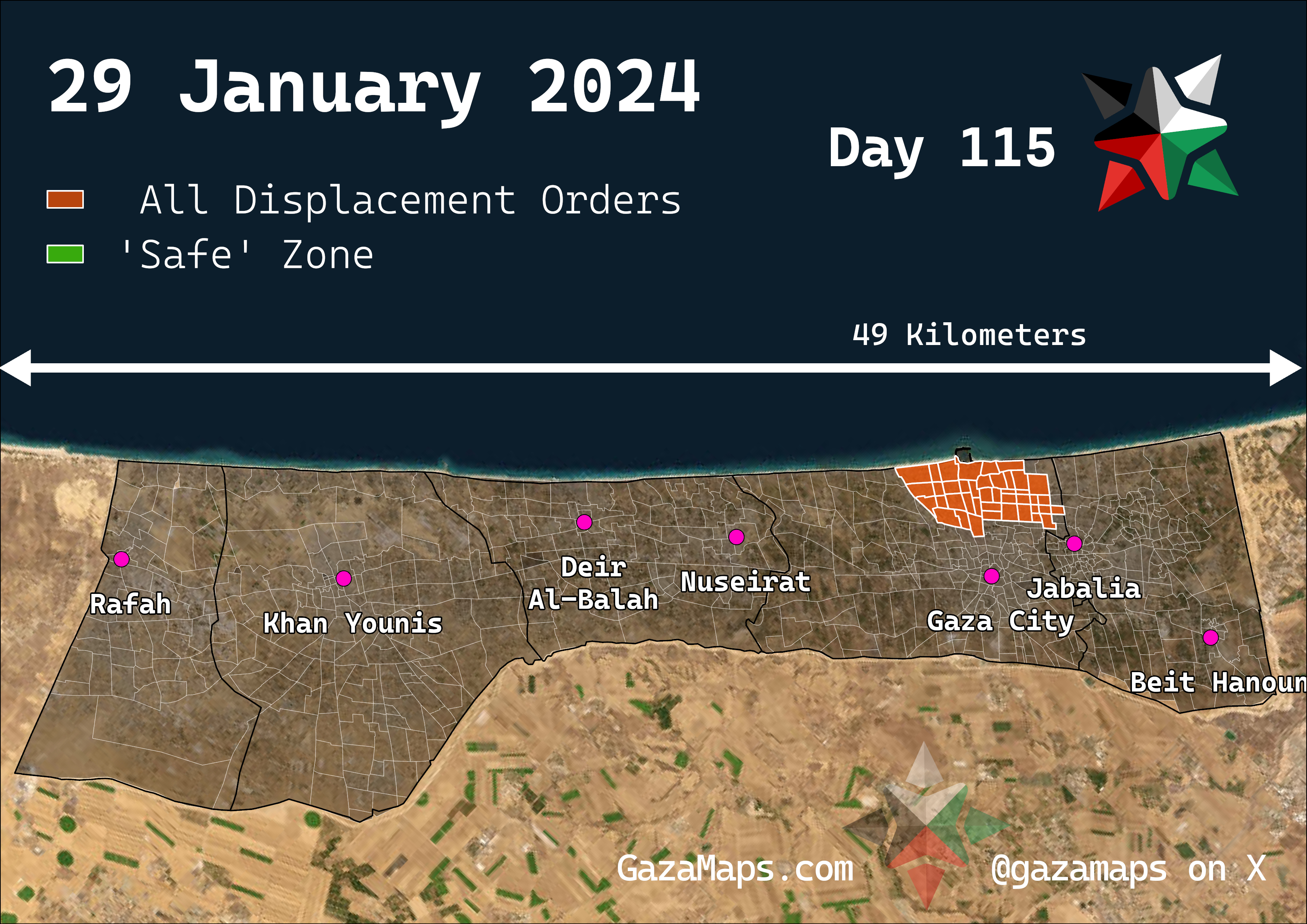 GazaMaps original map, based on IDF displacement order from 29 Jan 2024