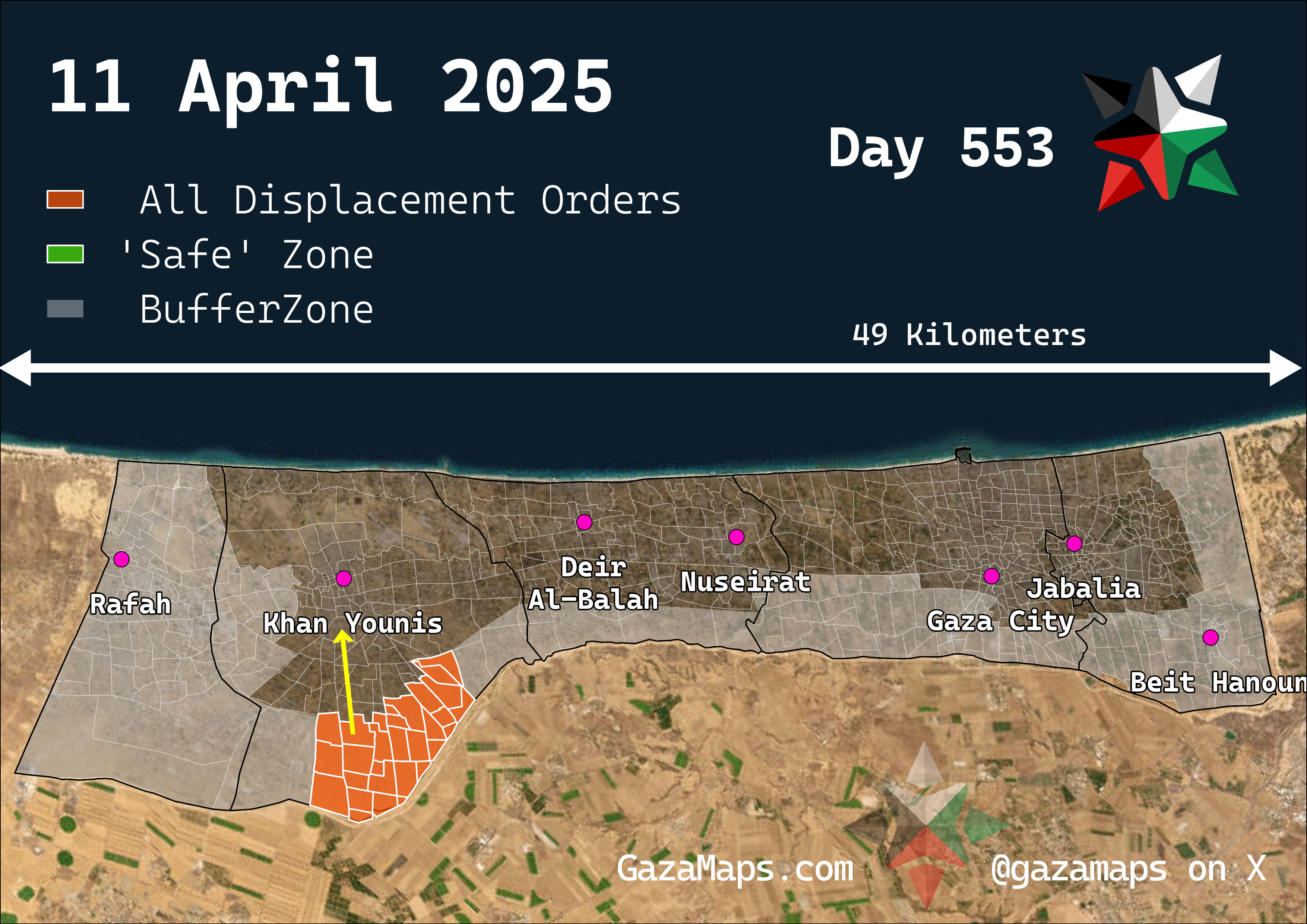 GazaMaps original map, based on IDF displacement order from 11 Apr 2025