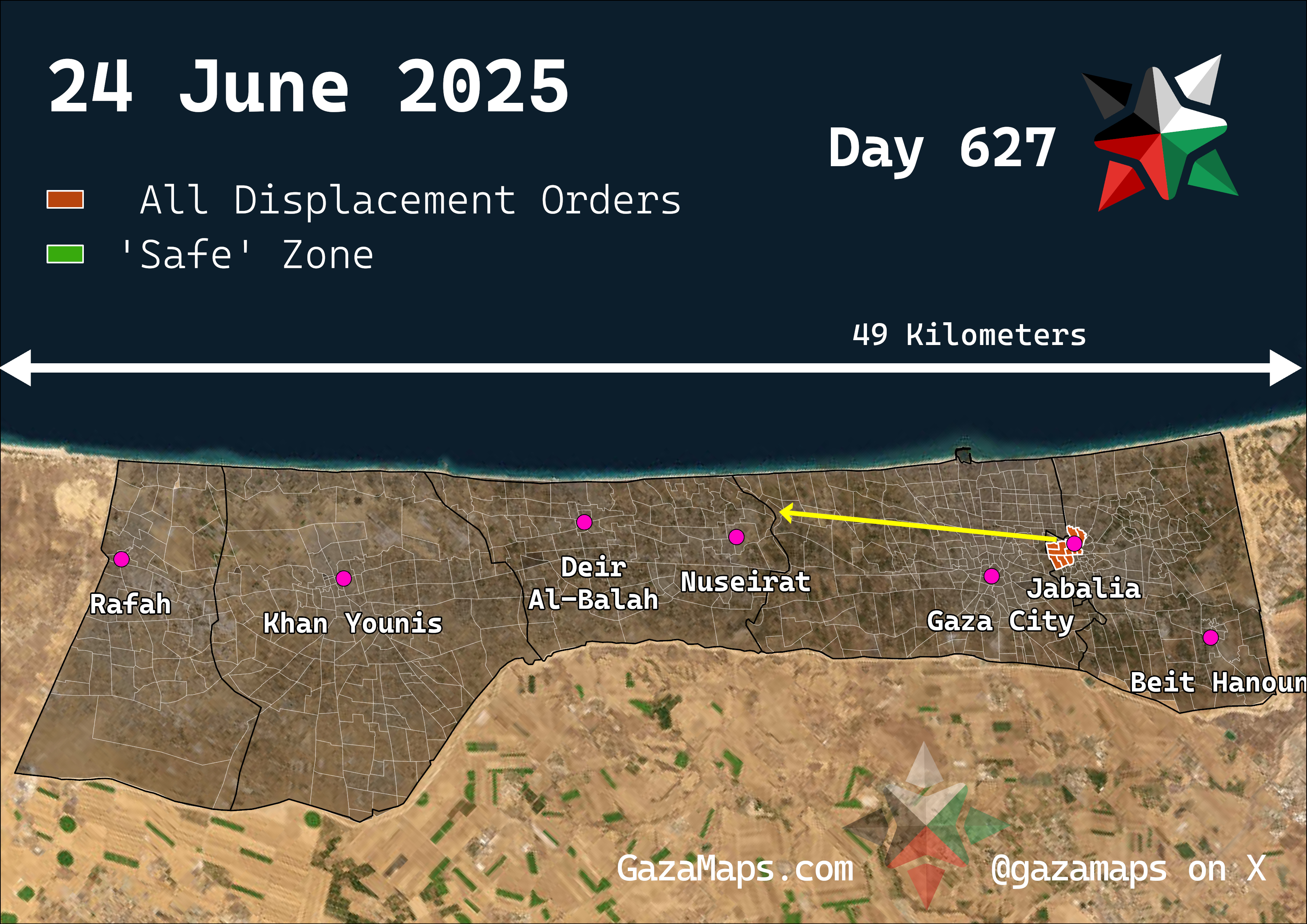 GazaMaps original map, based on IDF displacement order from 24 Jun 2025