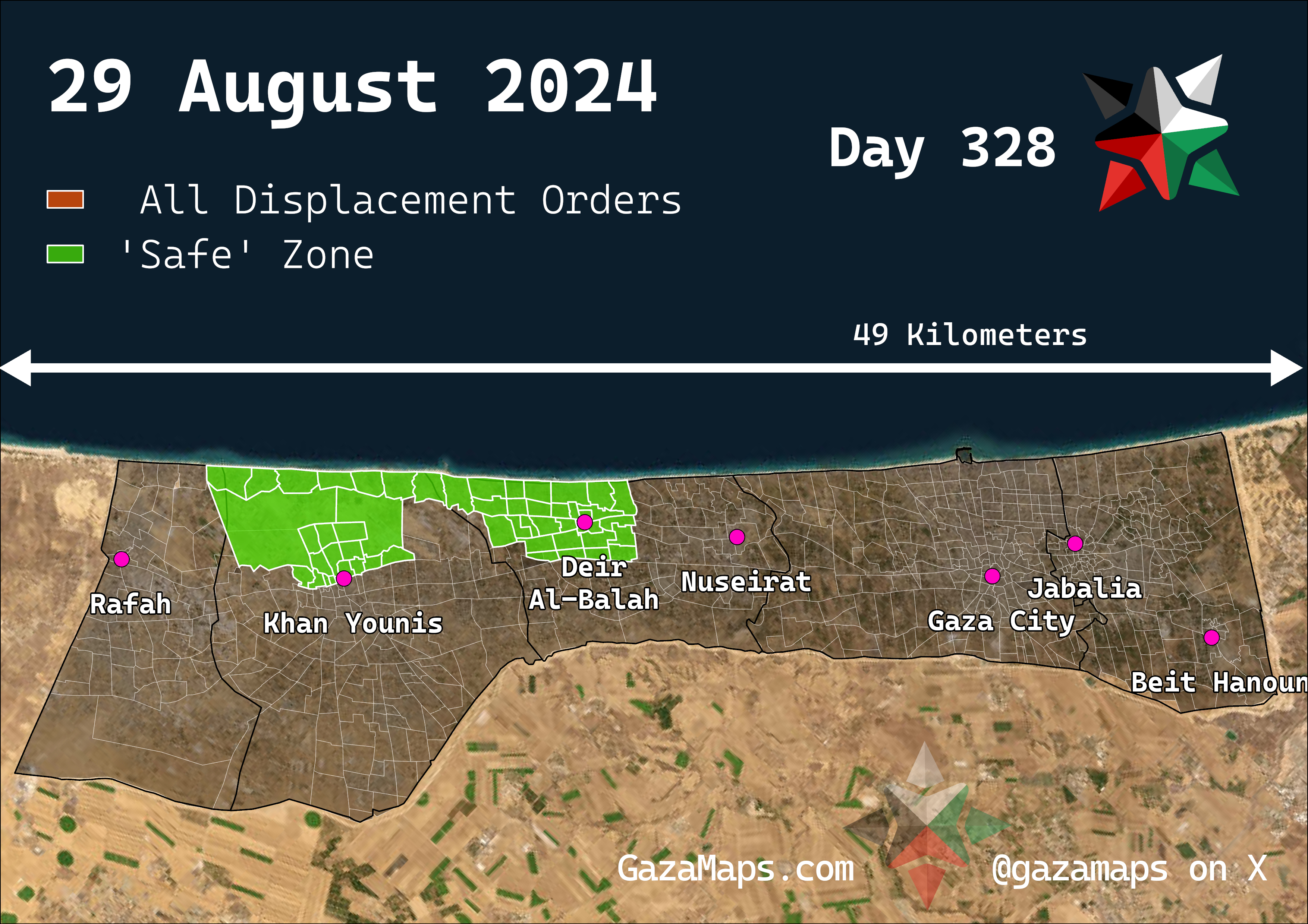 GazaMaps original map, based on IDF displacement order from 29 Aug 2024