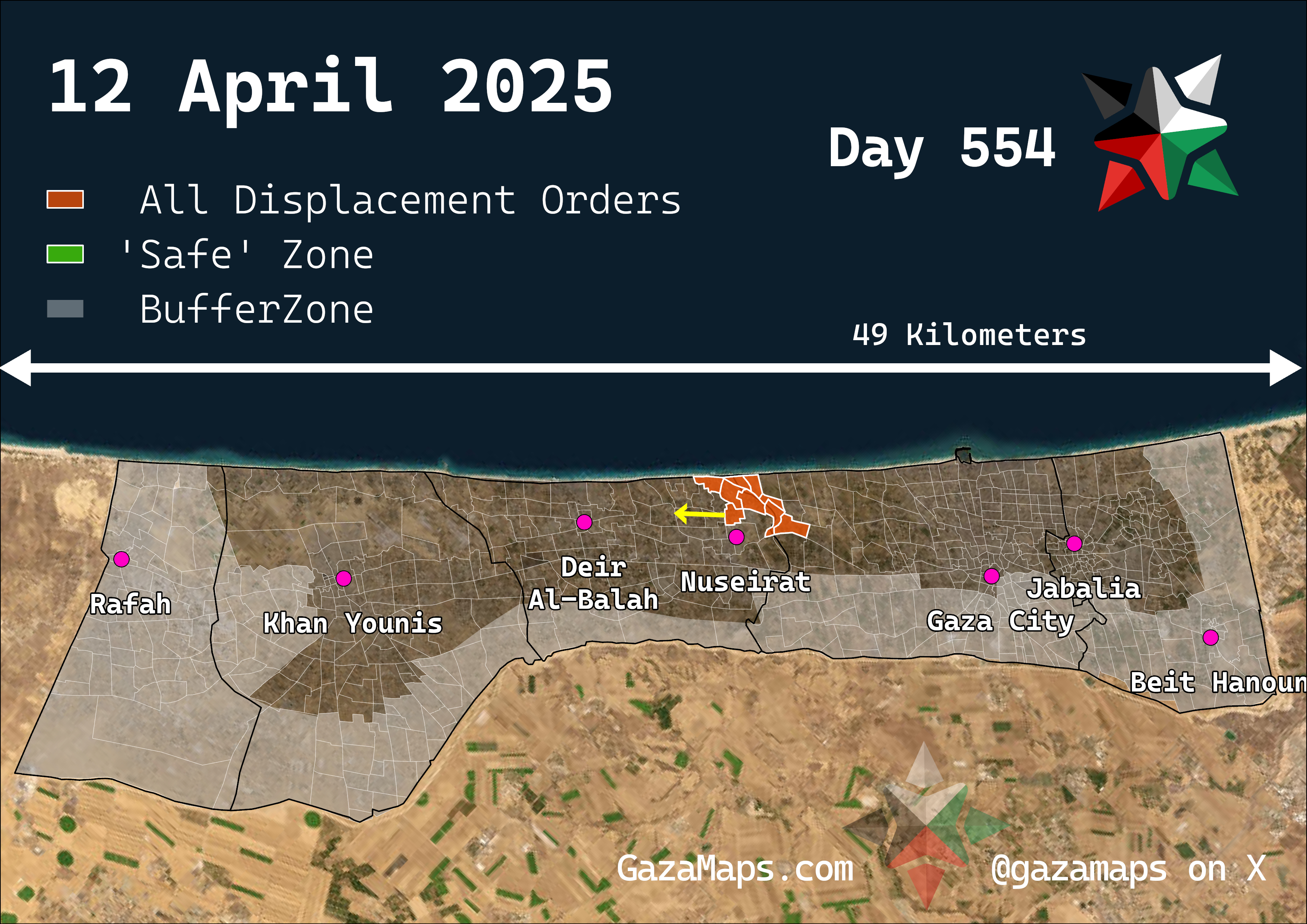GazaMaps original map, based on IDF displacement order from 12 Apr 2025