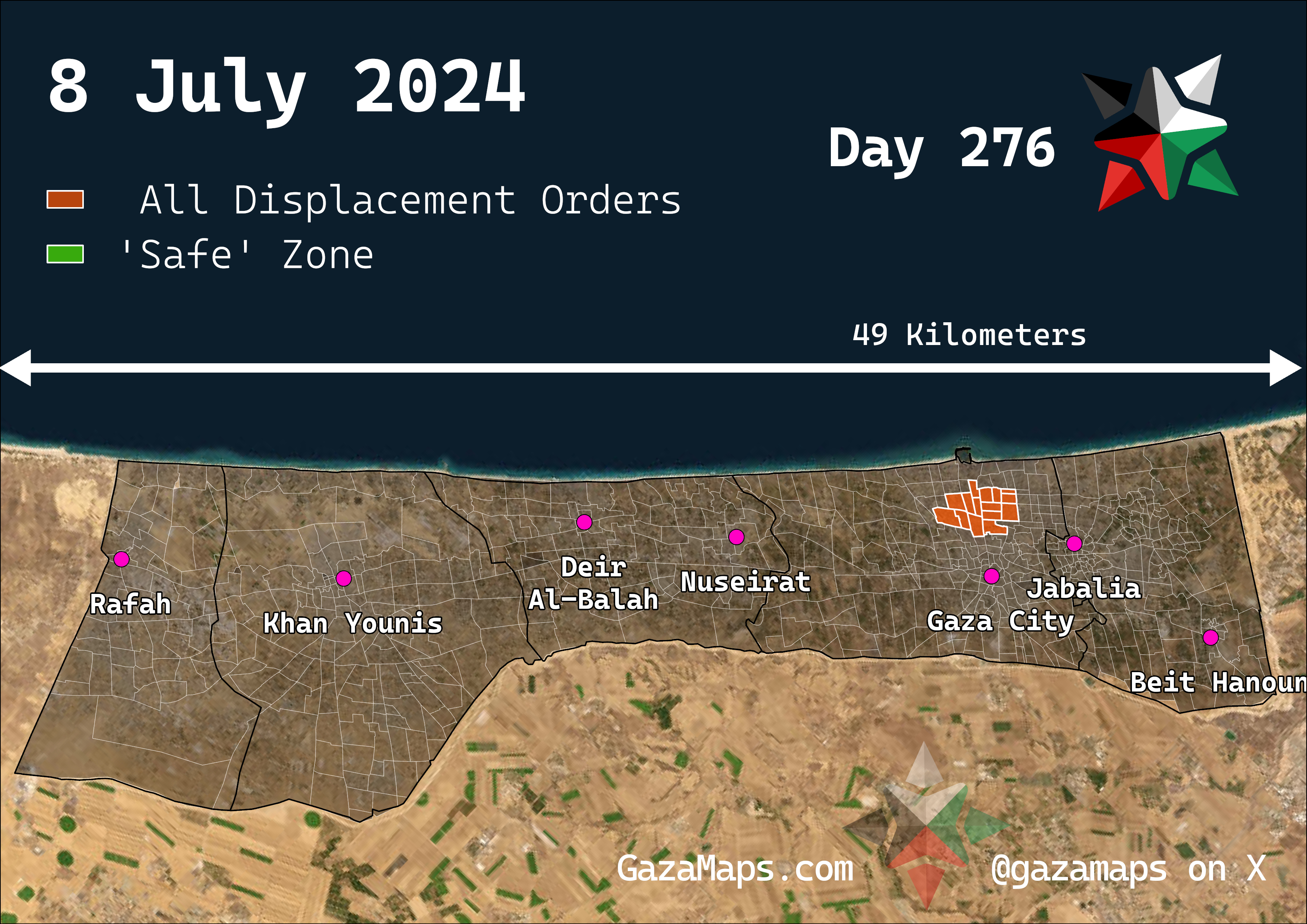 GazaMaps original map, based on IDF displacement order from 8 Jul 2024