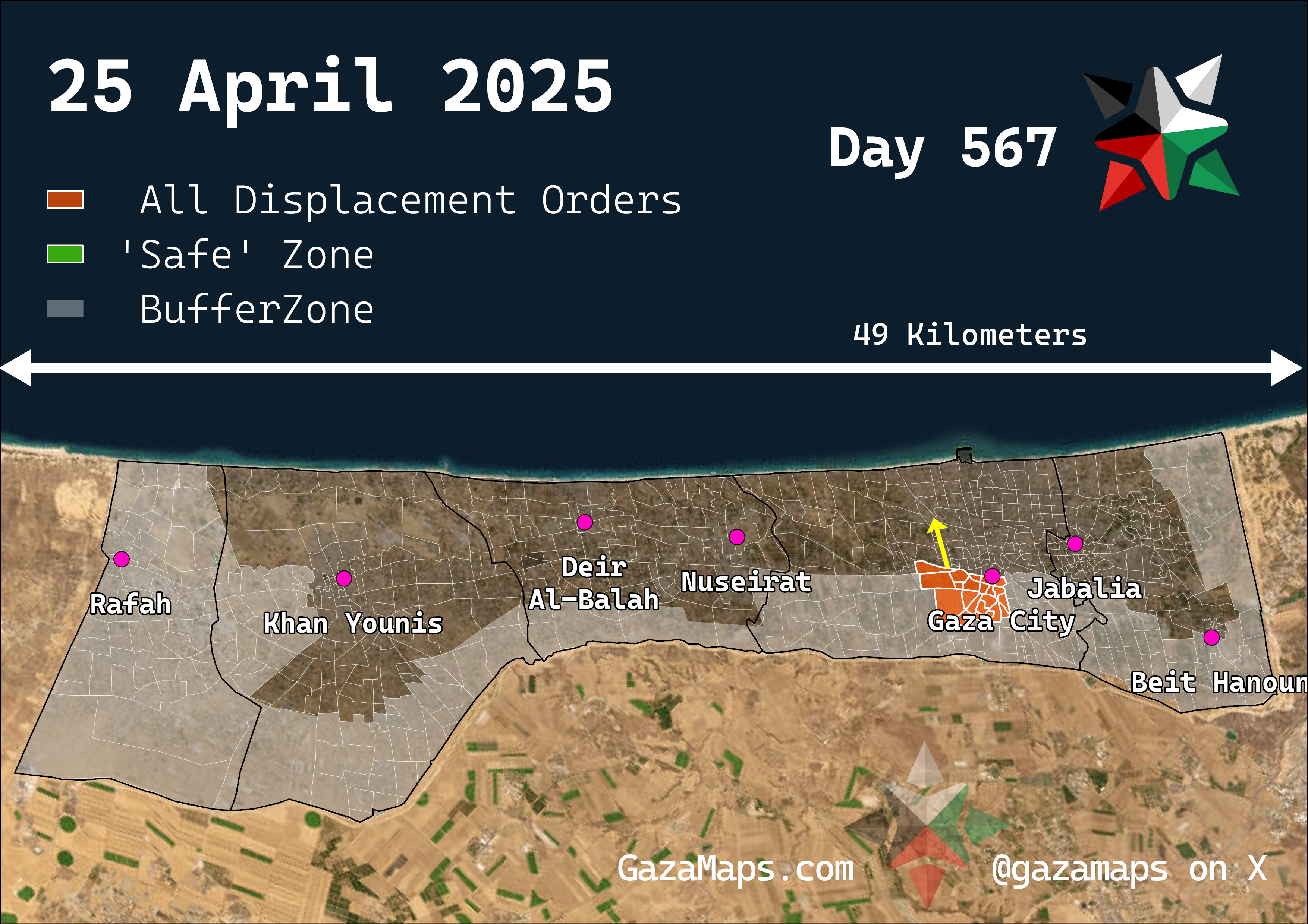 GazaMaps original map, based on IDF displacement order from 25 Apr 2025