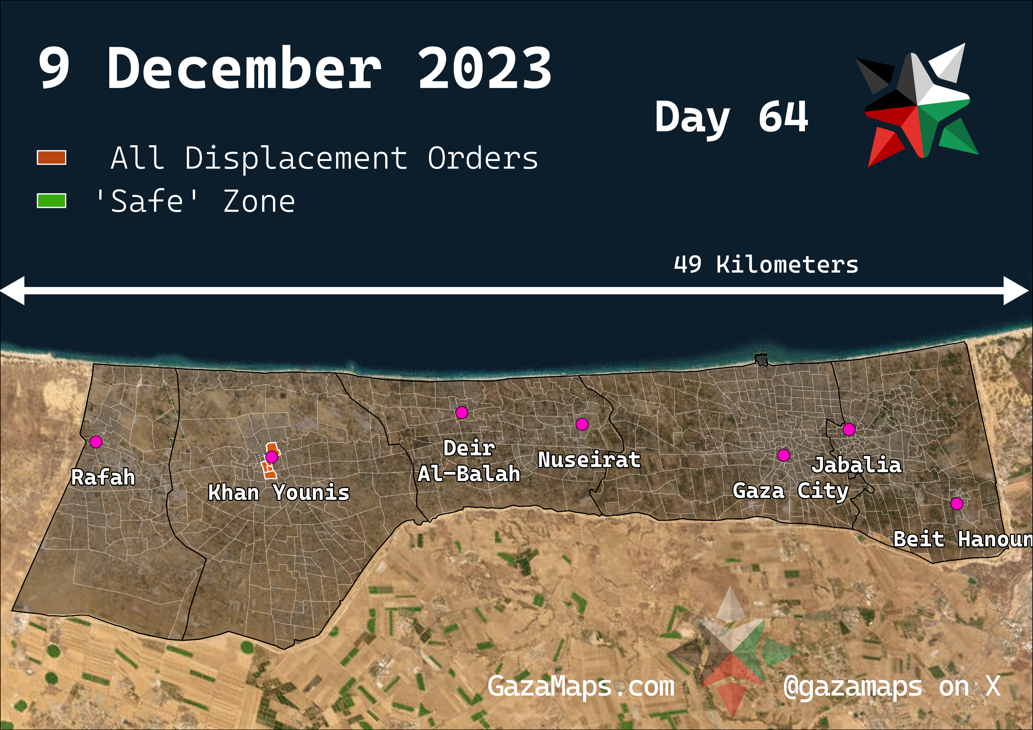 GazaMaps original map, based on IDF displacement order from 9 Dec 2023
