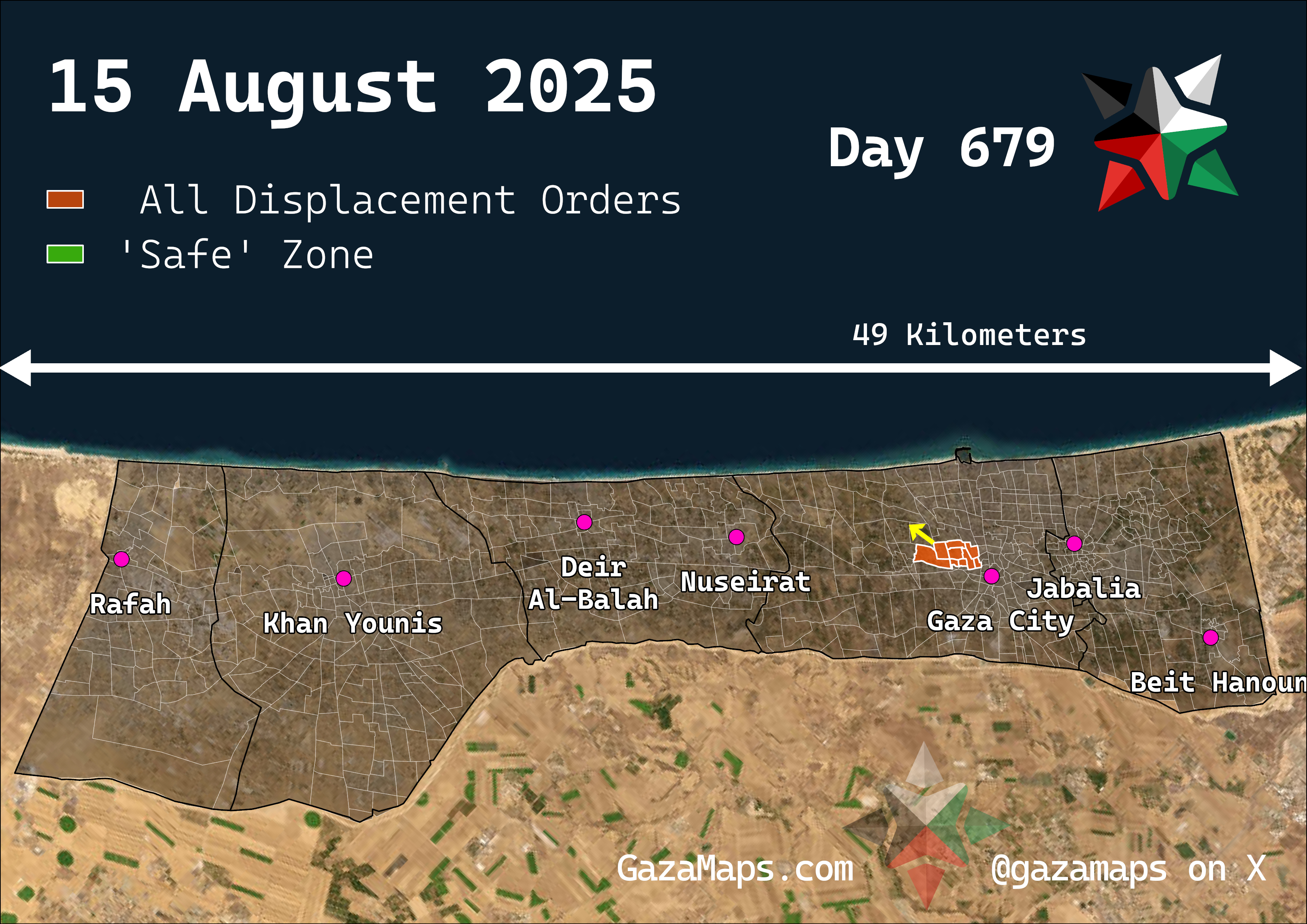 GazaMaps original map, based on IDF displacement order from 15 Aug 2025