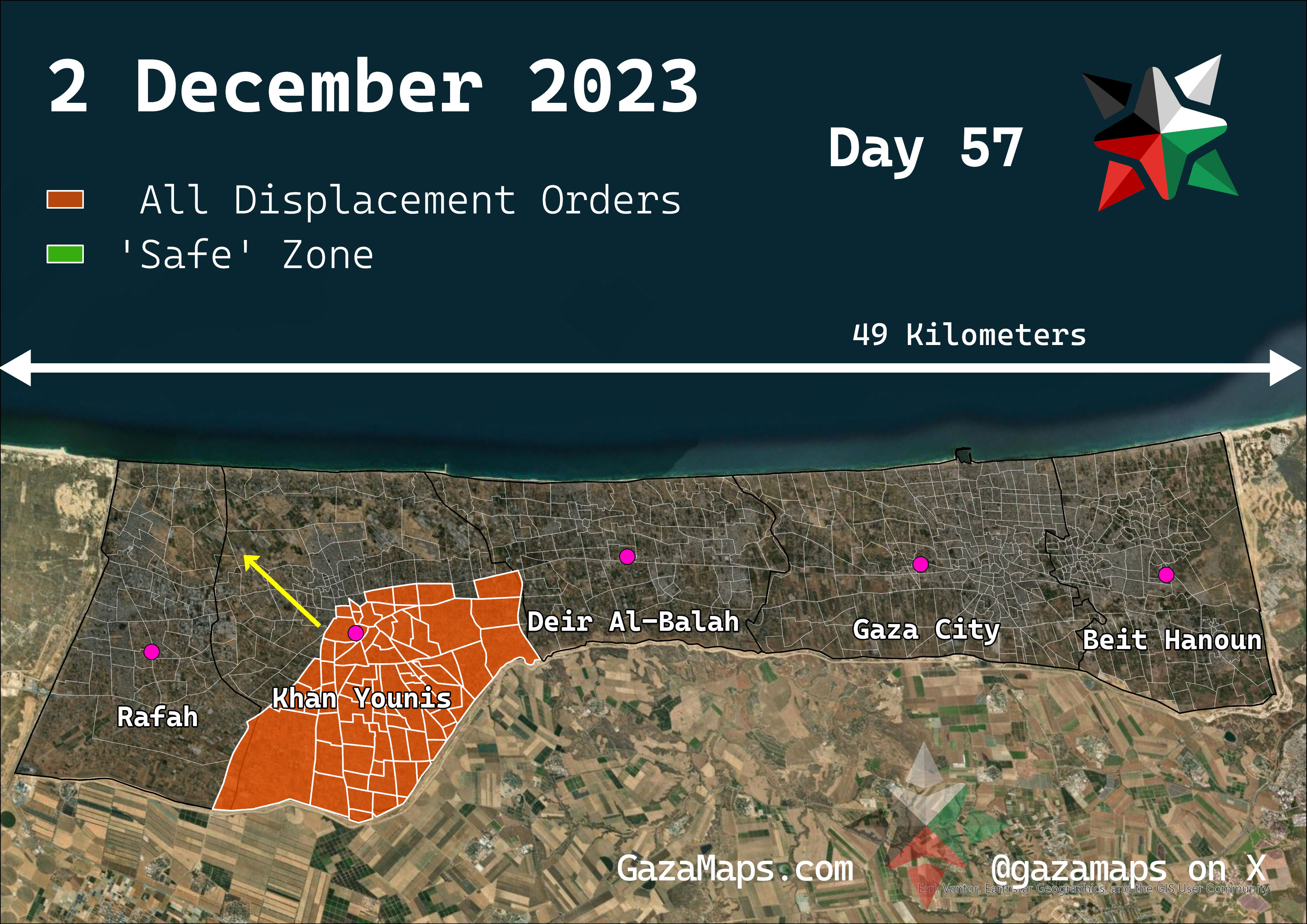 GazaMaps original map, based on IDF displacement order from 02 December 2023