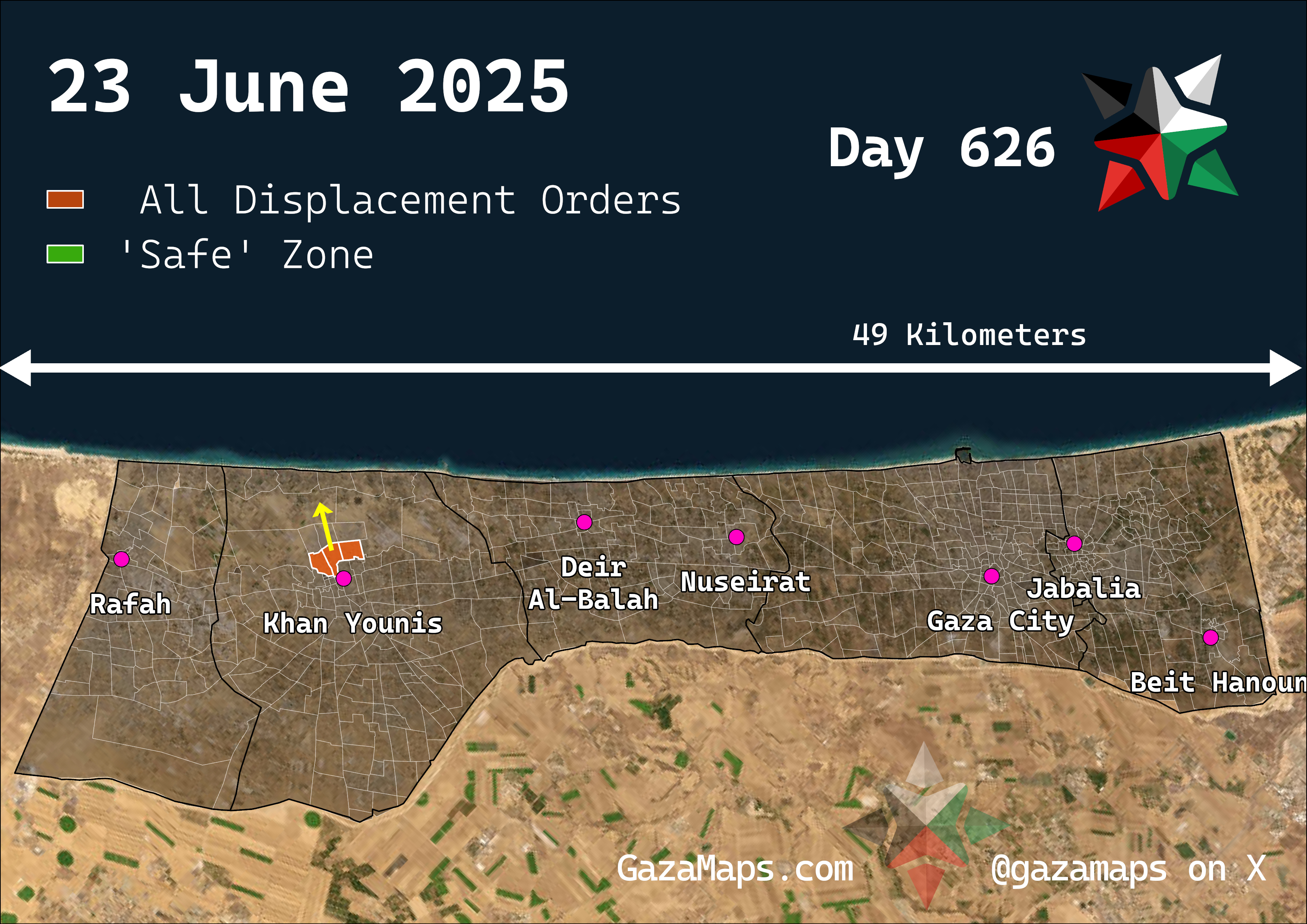 GazaMaps original map, based on IDF displacement order from 23 Jun 2025
