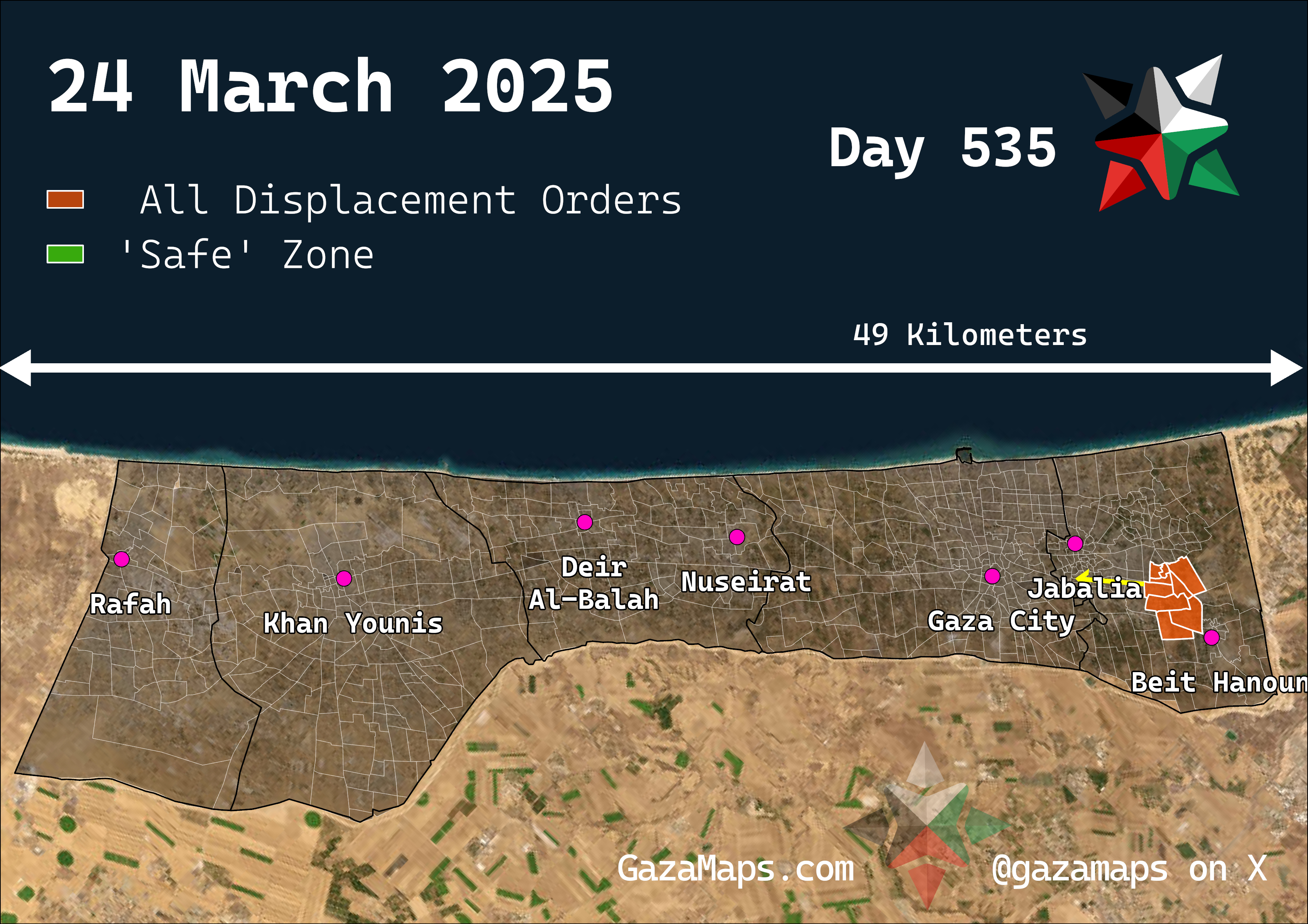 GazaMaps original map, based on IDF displacement order from 24 Mar 2025
