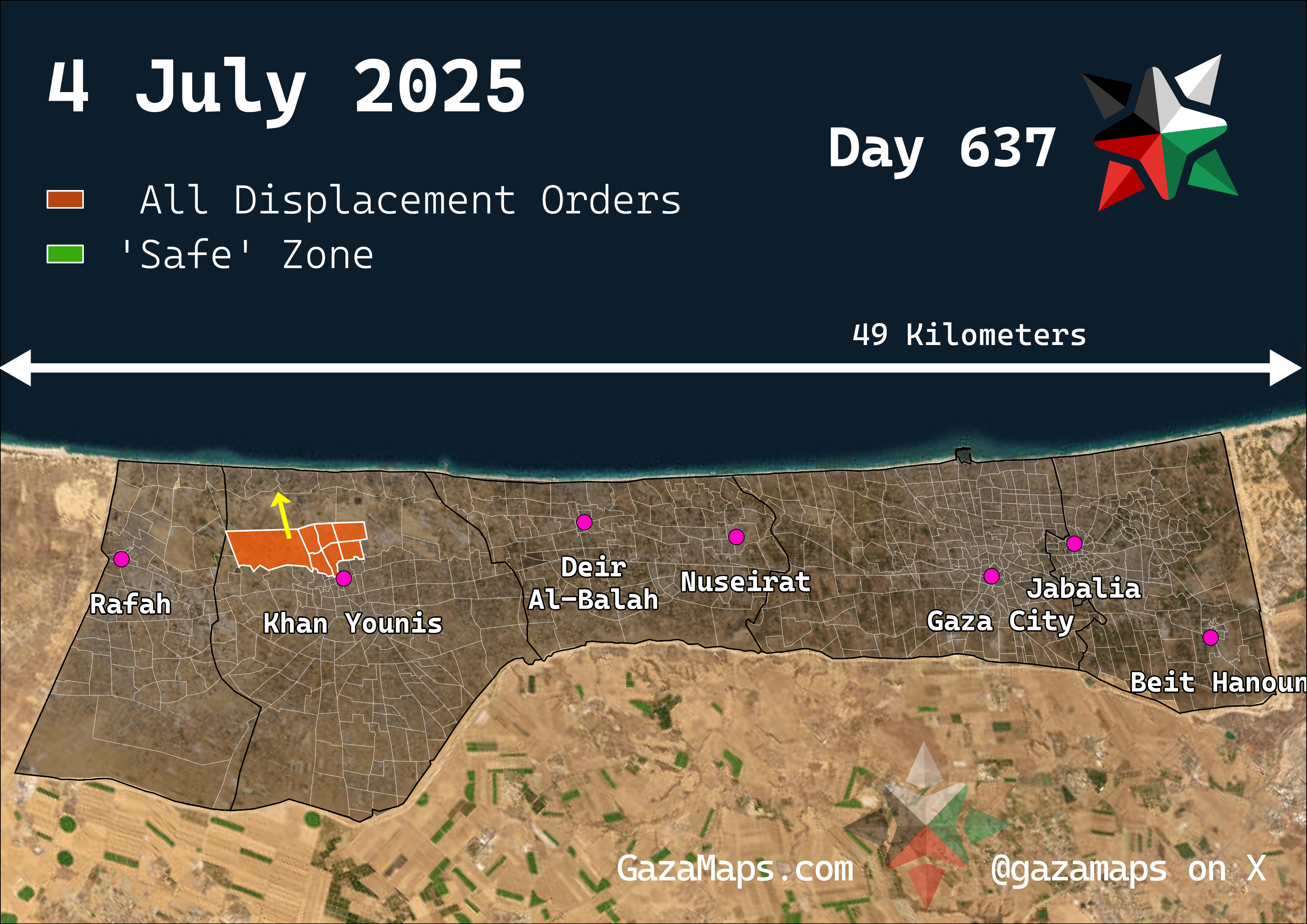 GazaMaps original map, based on IDF displacement order from 4 Jul 2025