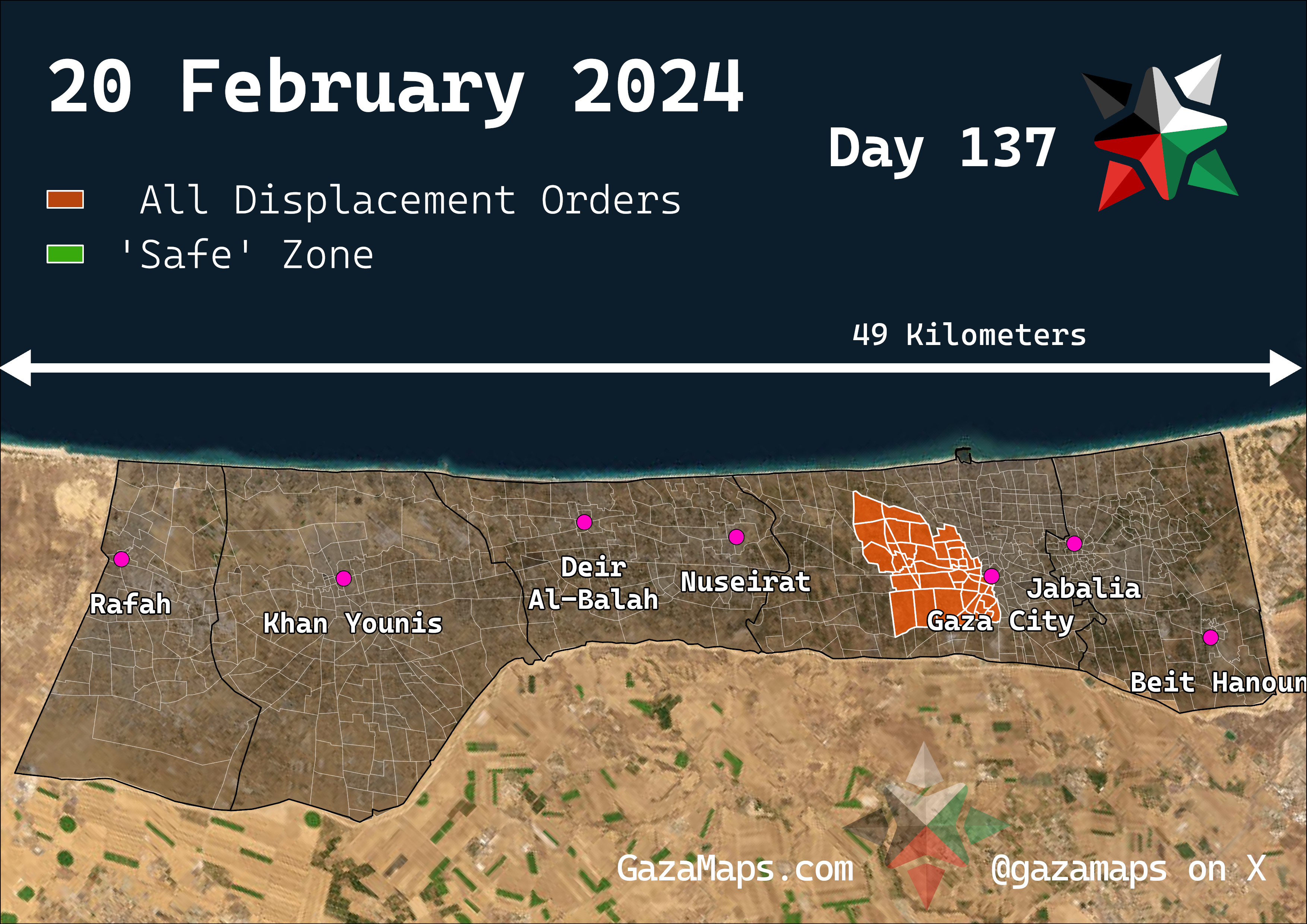 GazaMaps original map, based on IDF displacement order from 20 Feb 2024