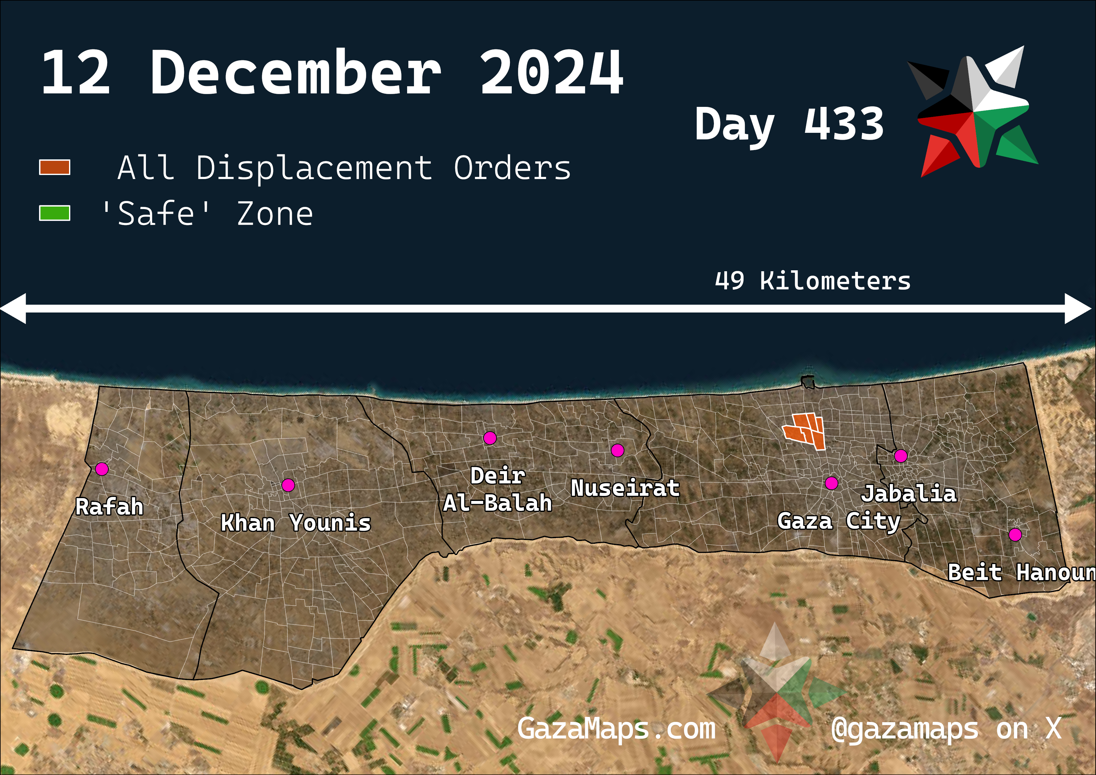 GazaMaps original map, based on IDF displacement order from 12 Dec 2024