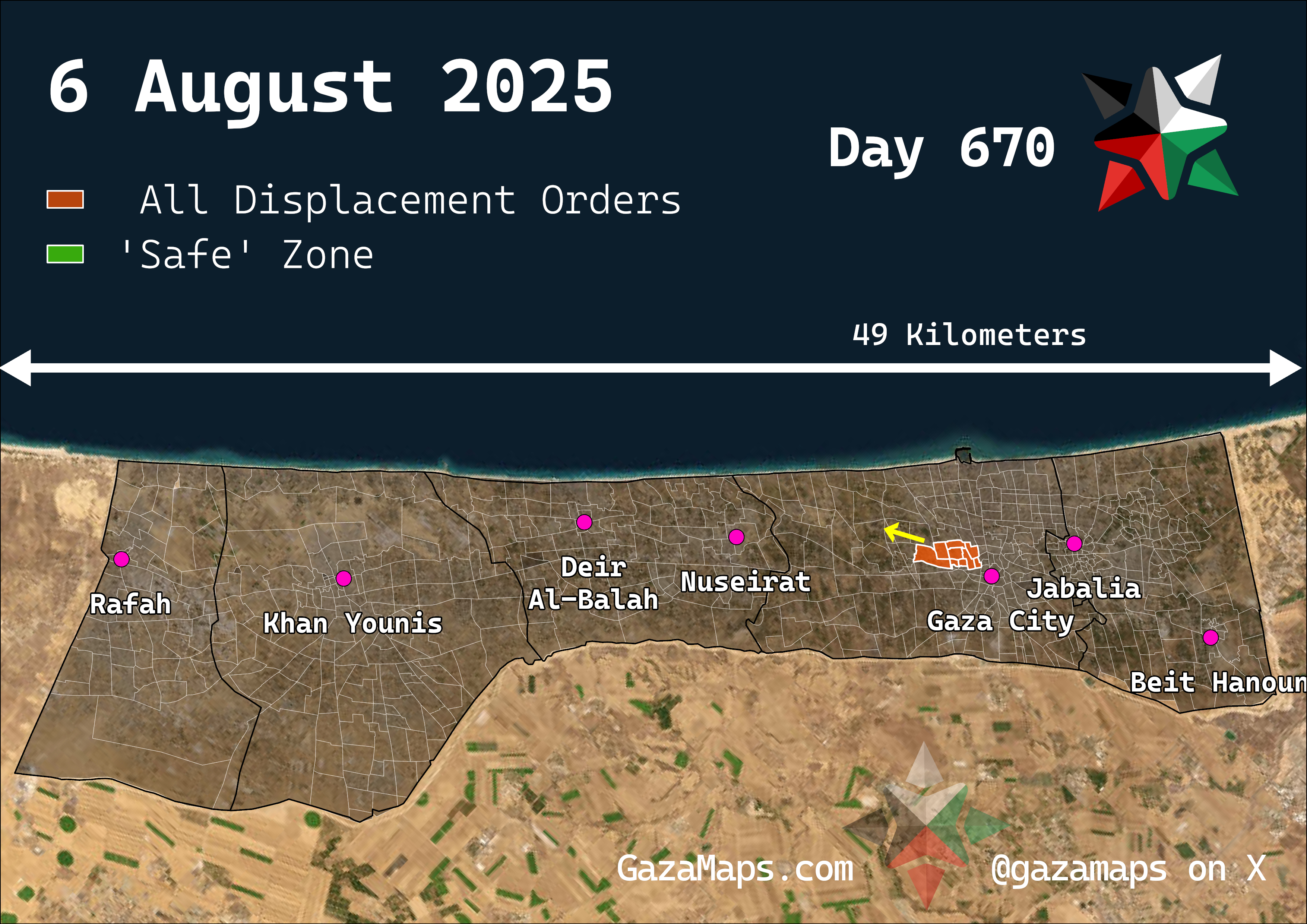 GazaMaps original map, based on IDF displacement order from 6 Aug 2025