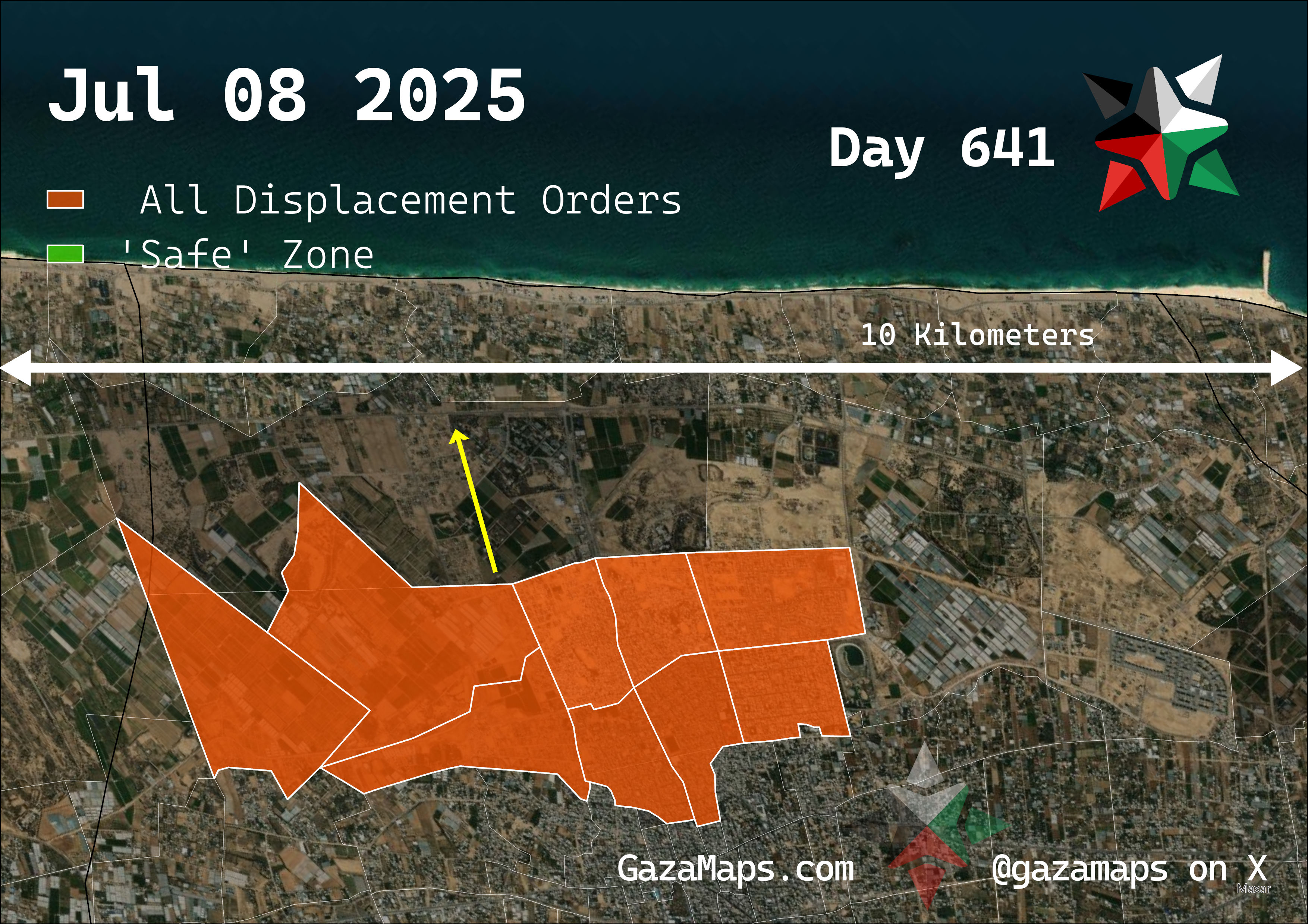 GazaMaps original map, based on IDF displacement order from 08 July 2025