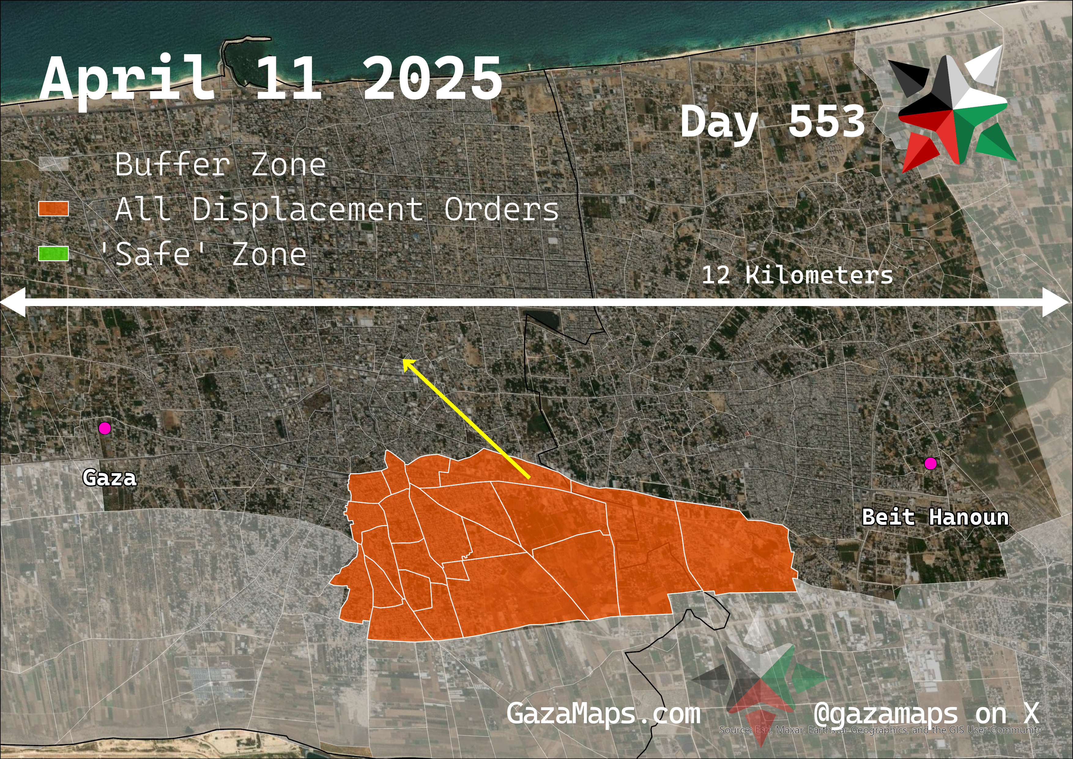 GazaMaps original map, based on IDF displacement order from 11 April 2025