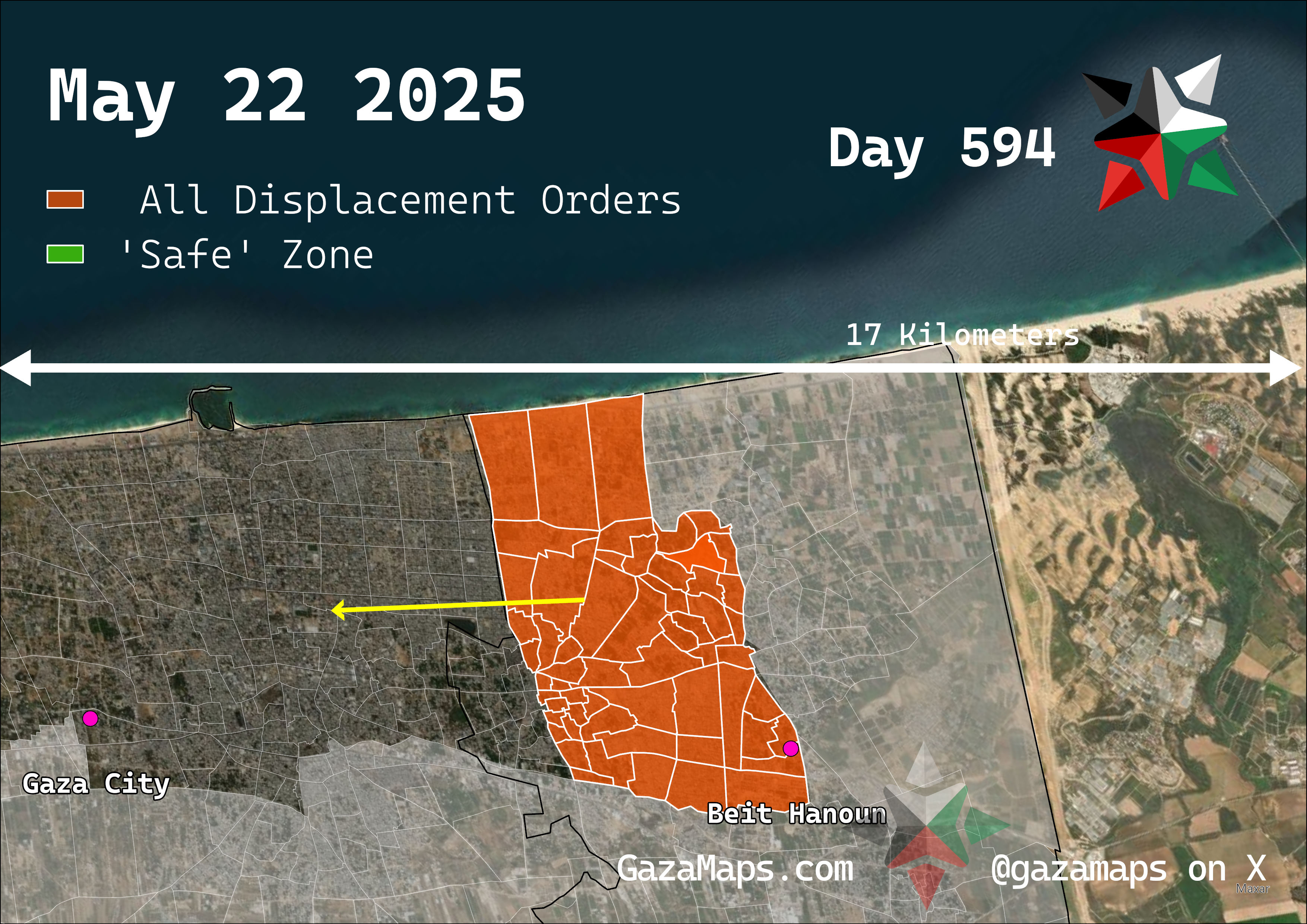 GazaMaps original map, based on IDF displacement order from 22 May 2025