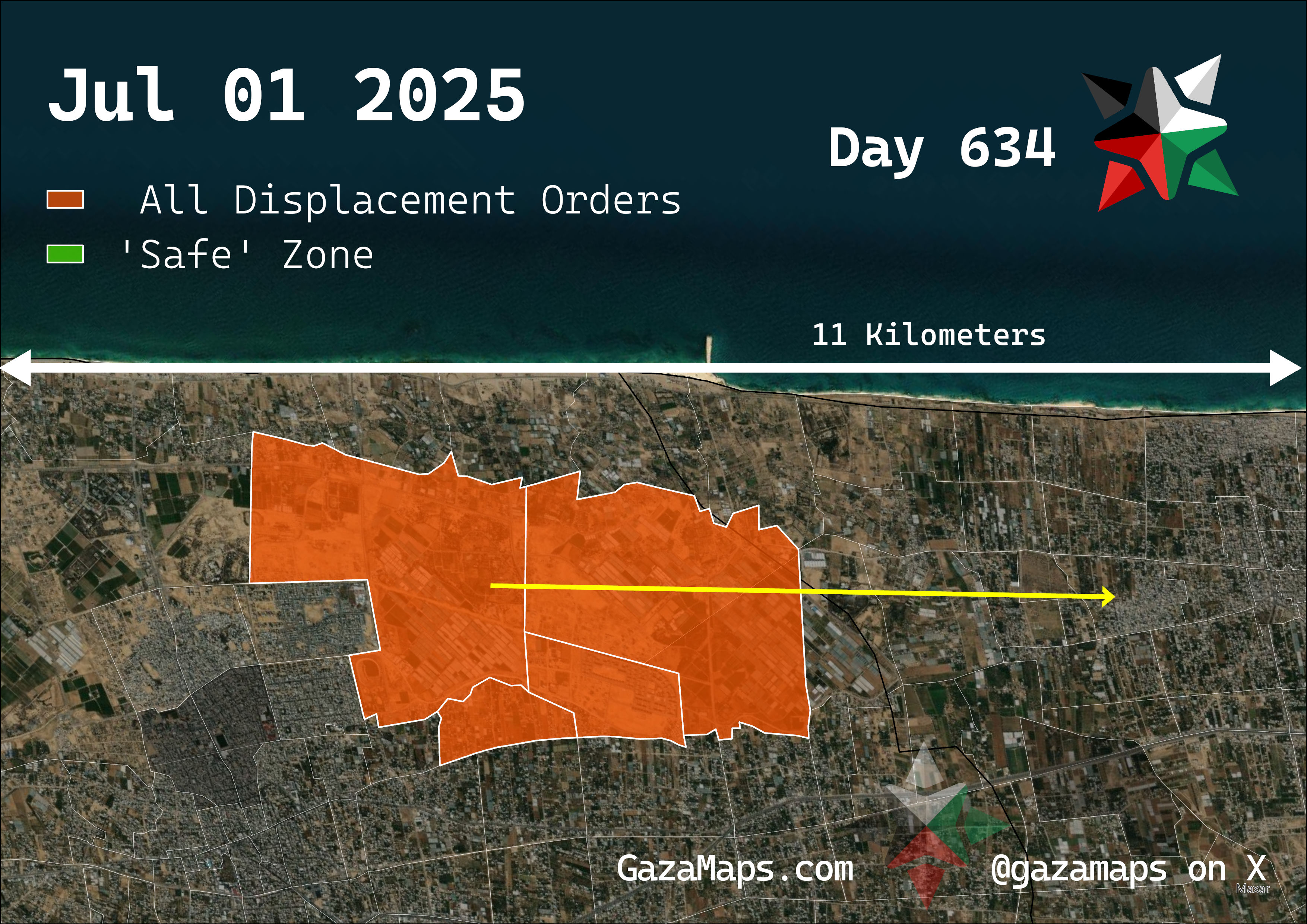 GazaMaps original map, based on IDF displacement order from 01 July 2025